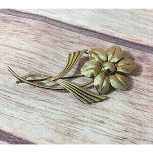 Vintage  14K Yellow Gold & Sterling Silver Flower & Stem Brooch  Pin